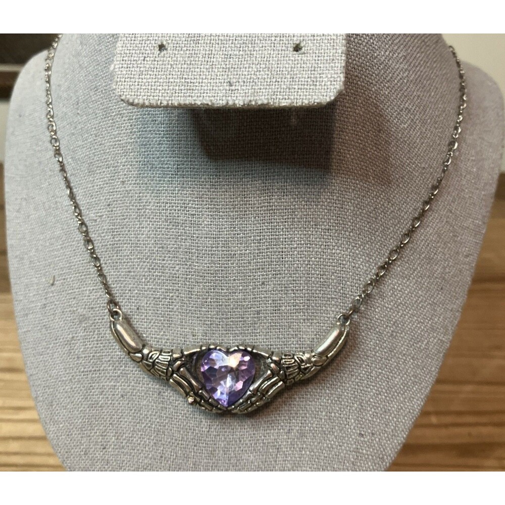 Corpse Bride Skeleton Hands Necklace Silver Tone Purple Rhinestone Heart